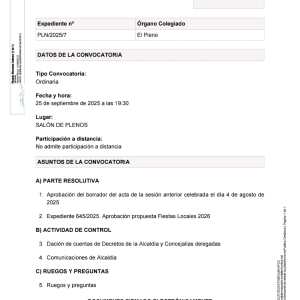 Convocatoria a Pleno sesión ordinaria, jueves 25 de septiembre a las 19:30h